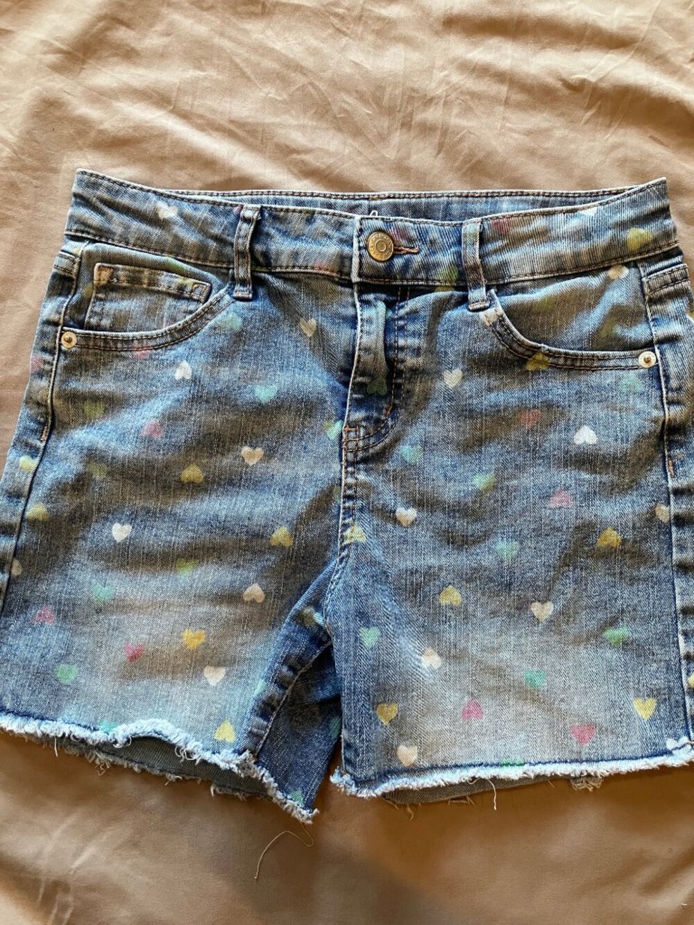Cat & Jack Girls XL 14 Denim Shorts Heart Print Raw Hem Adjustable Waist Cotton